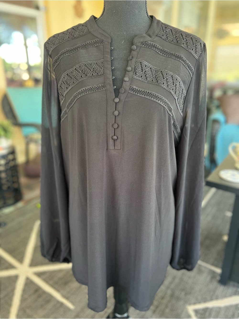 White House Black Market Black Lace-Panel Button Tunic Size XL